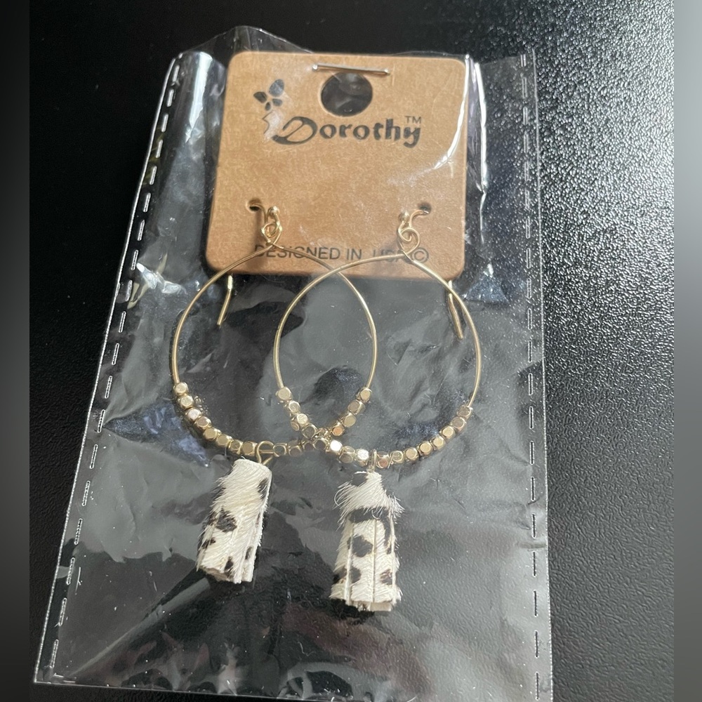 LOW START 🆕 in Packaging Gold Hoop Earrings with Cow Print Fringe
